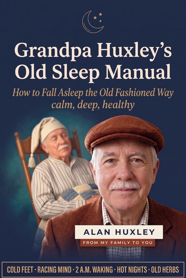 The cover of Grandpa Huxley's Old Sleep Manual: Grandpa Huxley in front, and asleep in a nightcap in the rocking chair behind him